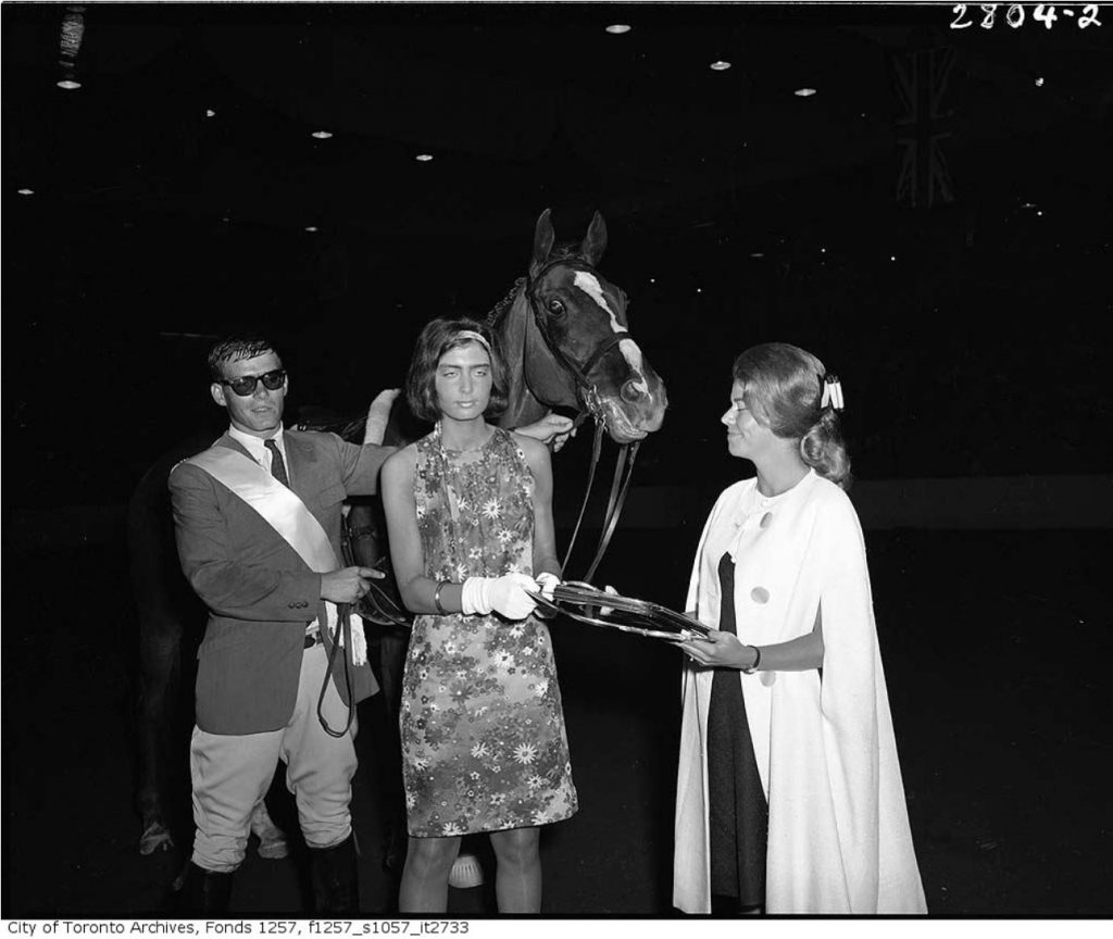 1960s Vintage Photo: Presentation of silver plate to Jim Day, 1000 winner in horse jumping competition, Royal Winter Fair 1960s