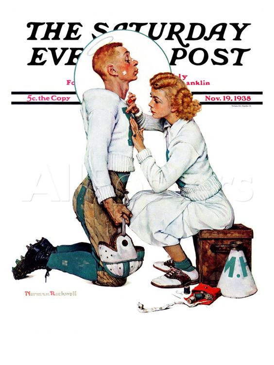 "Letter Sweater" (boy & girl) Saturday Evening Post Cover, November 19,1938 -1930s Vintage Magazine Cover