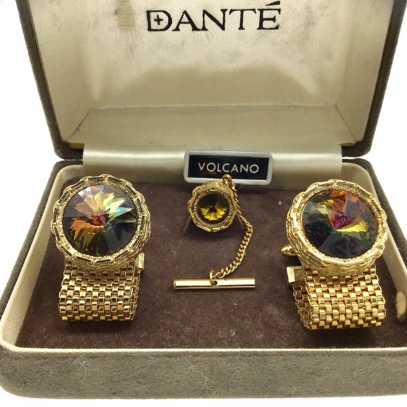 Vintage 1960s Dante Volcano Fold-Over Cufflink Set, Watermelon Rivoli Glass