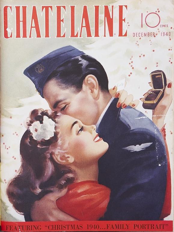 Chatelaine December 1940s Magazine Cover featuring a solider getting engaged to his sweetheart before deployment. 