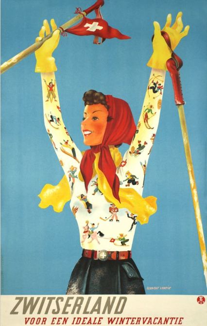 1940s Vintage Ski Poster for Switzerland featuring a 1940s woman skier