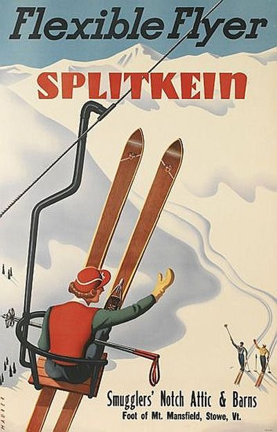 1940s Vintage Ski Poster for Splitkein skis in the US, Smugglers Notch, Mt. Mansfield, Stowe