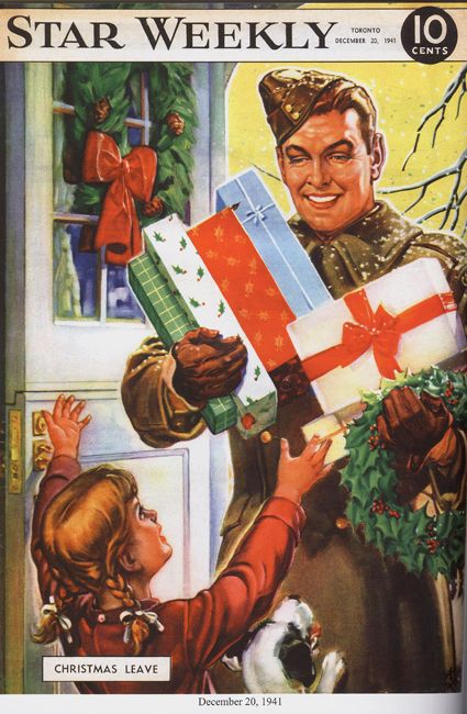 1940s Vintage Magazine Cover: December 20, 1942 shows the joy of a father’s homecoming. Star Weekly vintage magazine