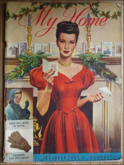 MY HOME December 1948 magazine cover featuring a woman in 1940s dress holding a Christmas Card. 