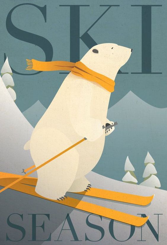 Vintage ski poster of a polar bear skiing