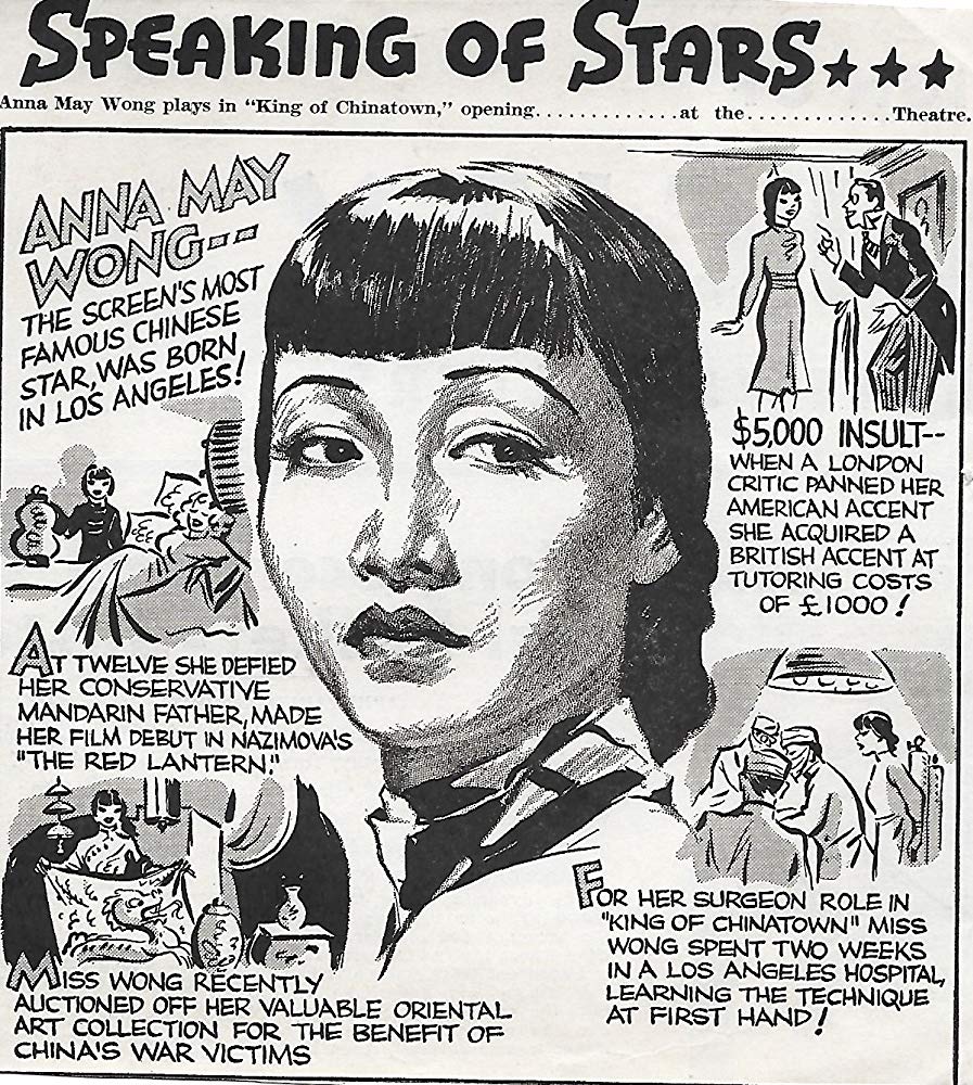 Anna May Wong in King of Chinatown (1939). Cartoon promoting the movie. 