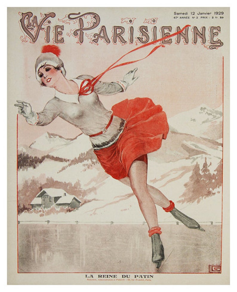 1920s Vintage Magazine cover for La Vie Parisienne, La Reine du Patine Magazine Cover , January 1929. 