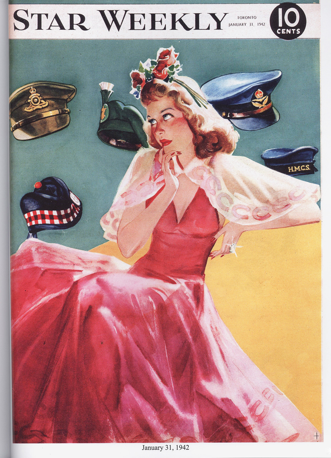 1940s Vintage Magazine Cover: Star Weekly January 31st, 1942 -Toronto. Cover features a pretty 1940s woman in 1940s fashion deciding on what service to go out on a date with. 