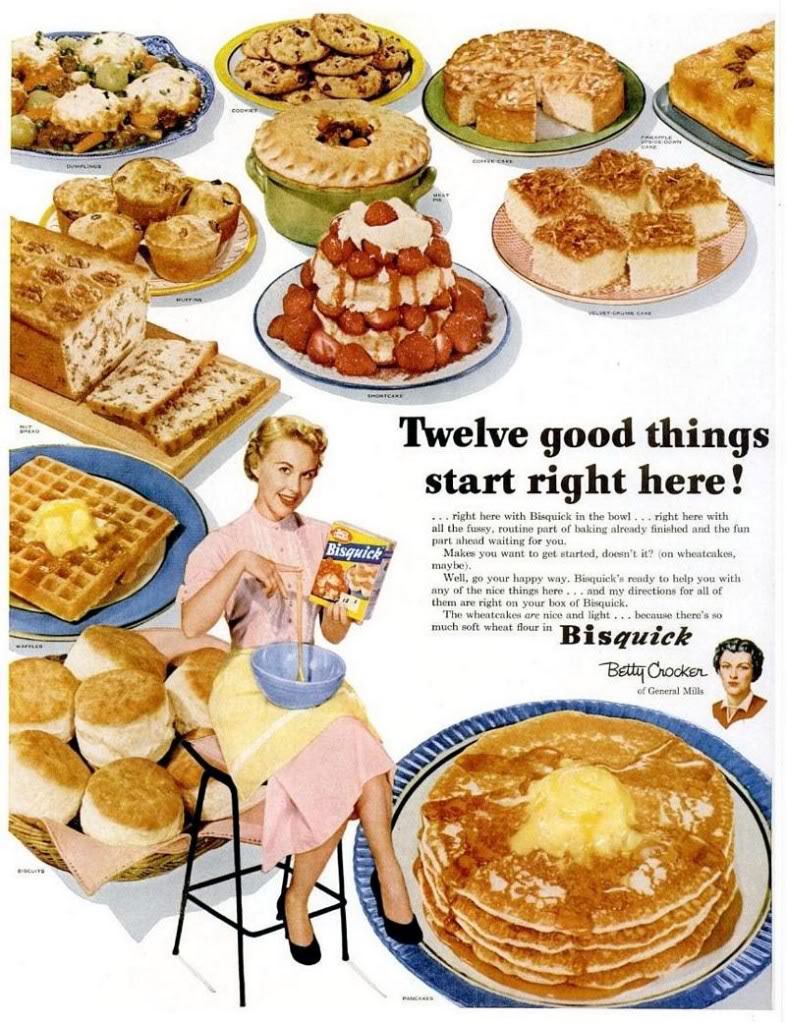 1950s Vintage Ad: 1950s Bisquick Flour ad. Looking at all the goodies you can make with Bisquick, including "Wheatcakes" aka Pancakes.