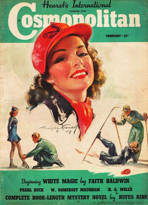 Cosmopolitan Magazine February 1939, Cover design "Beauty on Ice" by Bradshaw Crandell. 1930s Vintage Magazine Cover