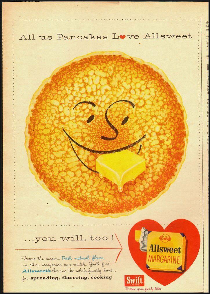 1956 Vintage ad for Allsweet Margarine with the happiest Pancake on the planet