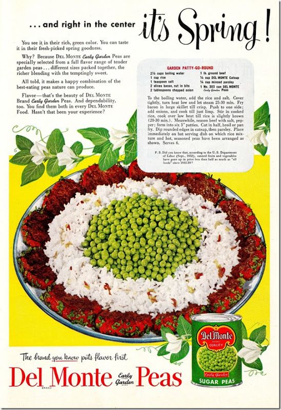 Del Monte Garden Peas in the 'Garden Patty-Go-Round' vintage recipe ad