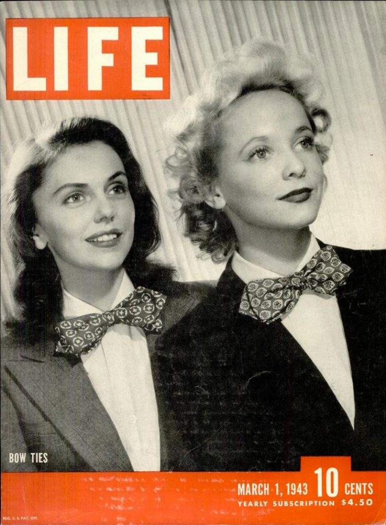 March 1st 1943 Life magazine featuring women wearing bow ties as a 1940s fashion. 1940s magazine cover. 