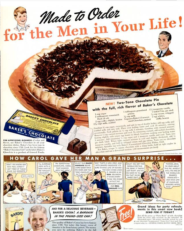 1930s vintage ad for Two-Tone Chocolate Pie made with Baker's Chocolate