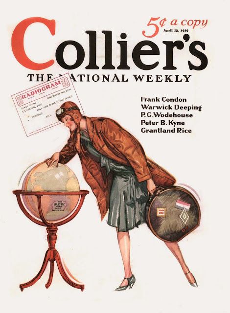 1929 April 13th Collier's Magazine. Cover illustration by Edmund Davenport a woman getting ready to fly somewhere in the world.  1920s vintage magazine cover. 