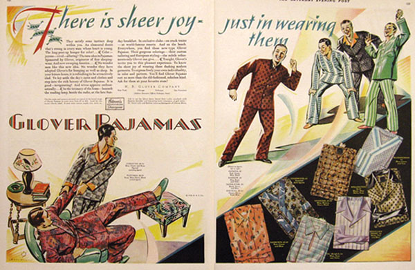 1920s Advertisement: 1928 Glover Men's Pajamas Ad. "There is sheer joy—just in wearing them".