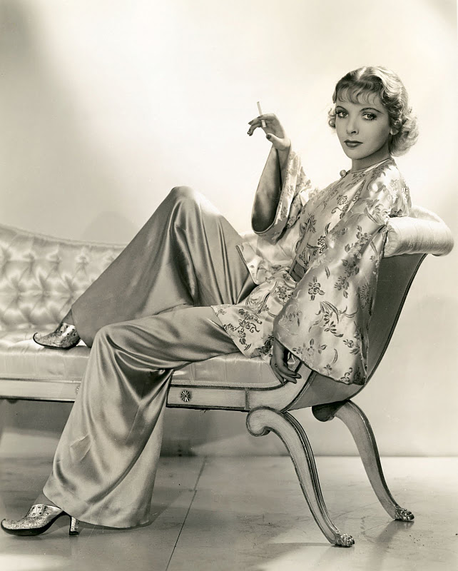 1930s Lounging Pajamas as seen on a 1930s actress posing for a photo. 