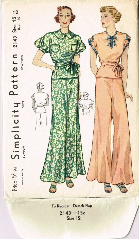 1930s Fashion: 1930s Lounging Pajamas as seen in this vintage sewing pattern illustration. 