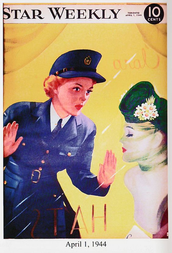 Star Weekly Toronto April 1st, 1944.  The Royal Canadian Air Force, Women's Division uniforms were natty, but everyone got tired of wearing the same thing after a few years. Here a WD admires a fashionable hat in a shop window, in this Star Weekly illustration 