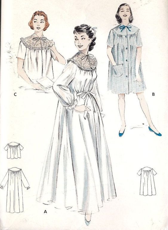 1950s Fashion: 1950s BEAUTIFUL Peignoir (a woman's light dressing gown or negligee), Nightgown and Bed jacket Sewing Pattern.