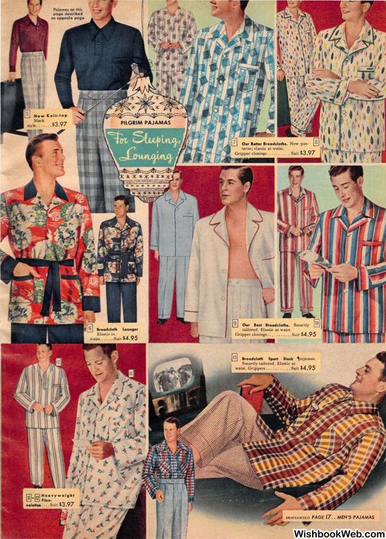 1950s Fashion: 1950's Men's pajamas, "For Sleeping & Lounging": 1952 Sears Christmas Catalogue. 