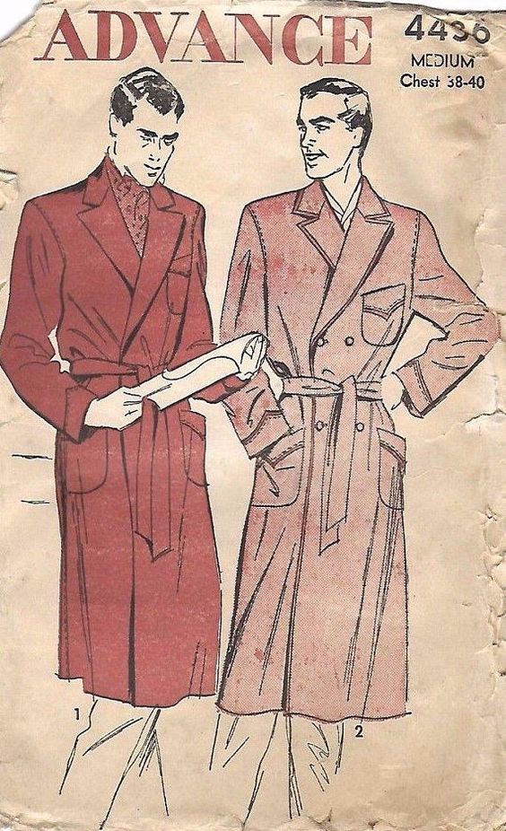 1940s Fashion: 1940s Mens Dressing Gown vintage sewing pattern illustration.