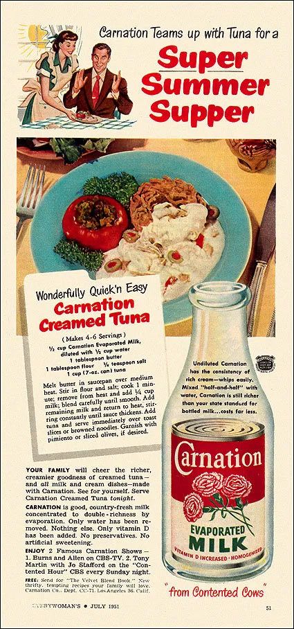 1950s Vintage ad for Carnation milk with vintage dinner recipe. 