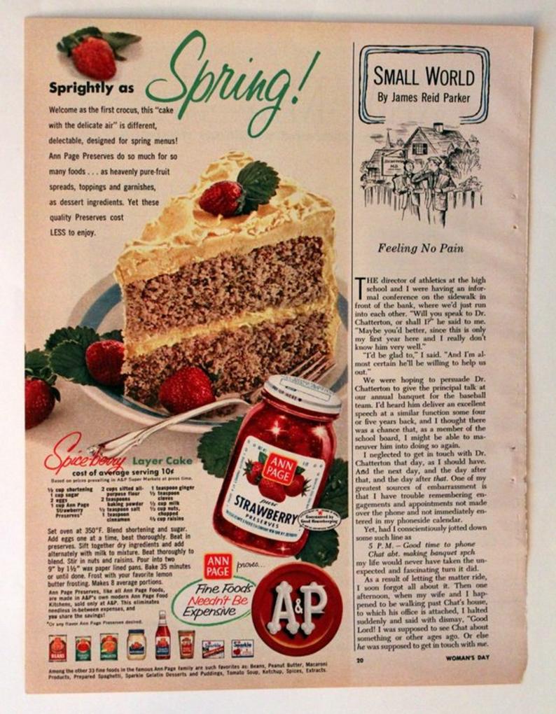 1956 A&P Strawberry Preserves Ad with Spice Cake Recipe