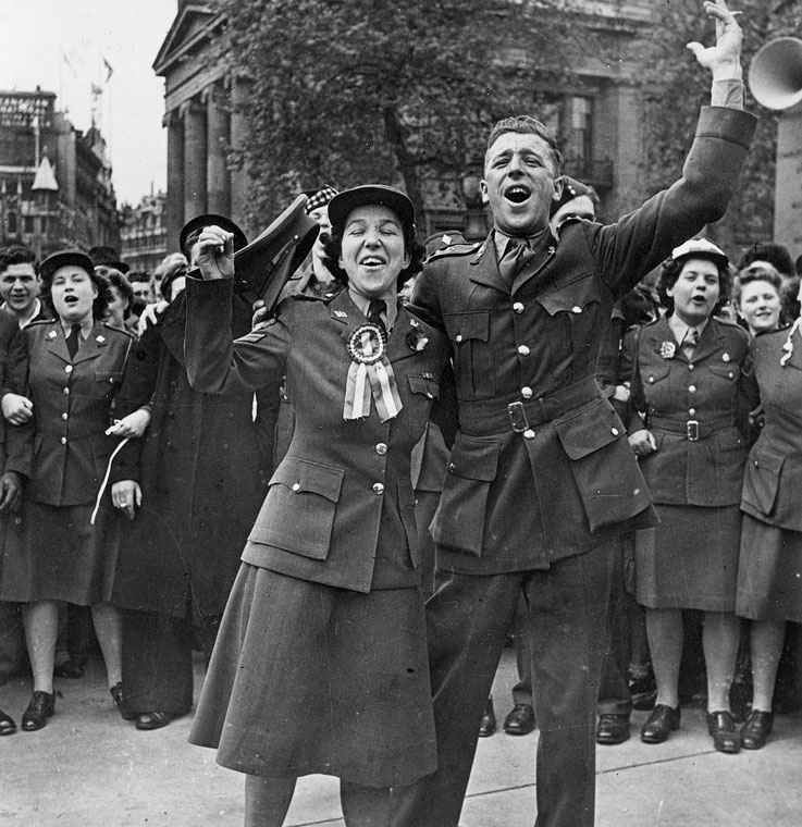 1940s vintage photo of the Canadian Women's Army Corps, World War 2, celebrating VE Day in London