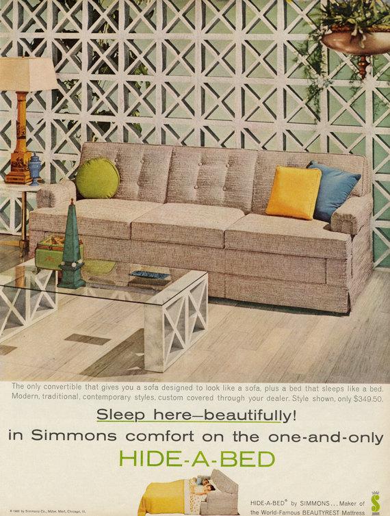 1960s vintage ad: 1961 Simmons Hide-A-Bed Vintage Ad featuring breeze blocks. Fantastic Vintage house interior inspiration