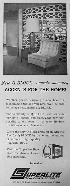 Vintage Mid-Century Ad for Superlite Concrete Blocks-Q BLOCK. "Accents for your Home".