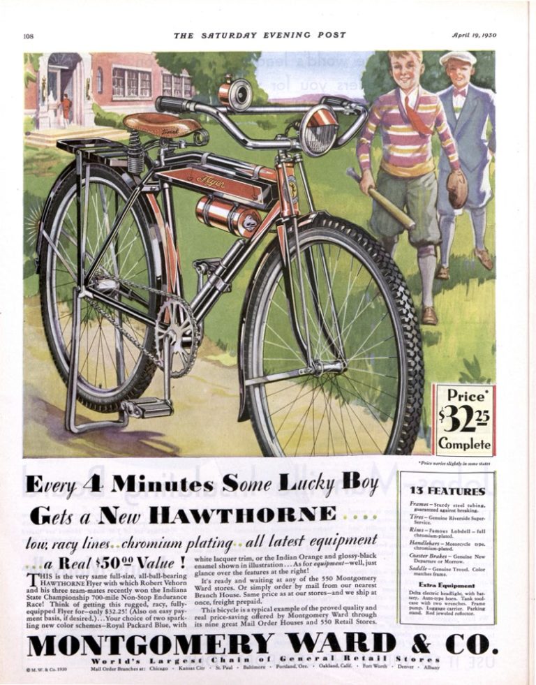 1930s vintage bicycle ad for hawthorne cycles as seen in the Saturday Evening Post. 