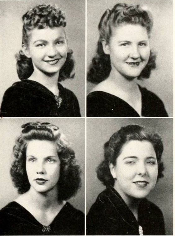 The Pertelote [1942], Brevard College vintage yearbook photos of 4 women wearing fantastic 1940s Hairstyles.