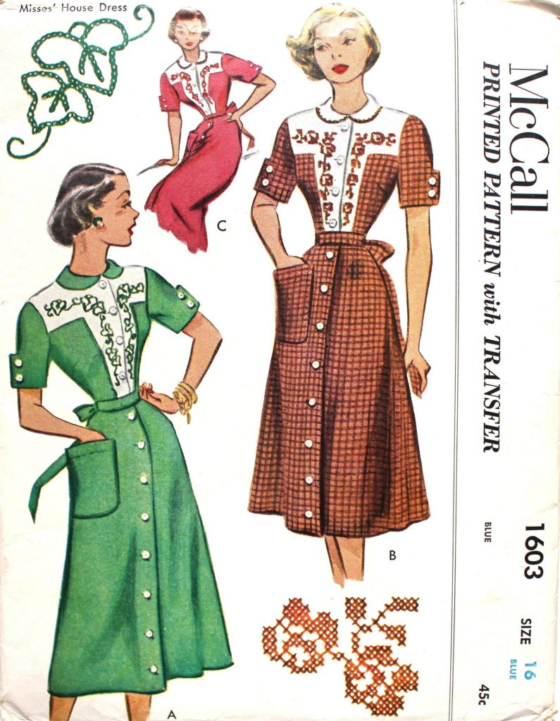 1950's House Dress Sewing Pattern with Embroidery Transfer. 1950s Vintage Fashion.