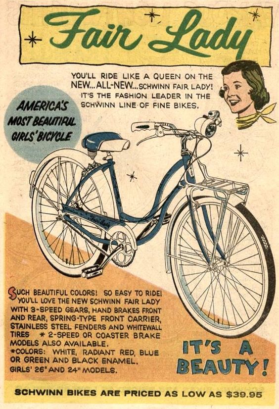 1950s Vintage ad for Schwinn Fair Lady Girls Bicycle. Vintage Ad Illustration 