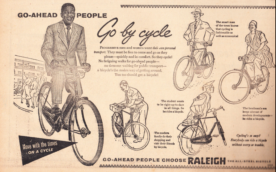 1960s vintage bike ad from Sierra Leone newspaper. Featuring Black men and white men riding bikes. 