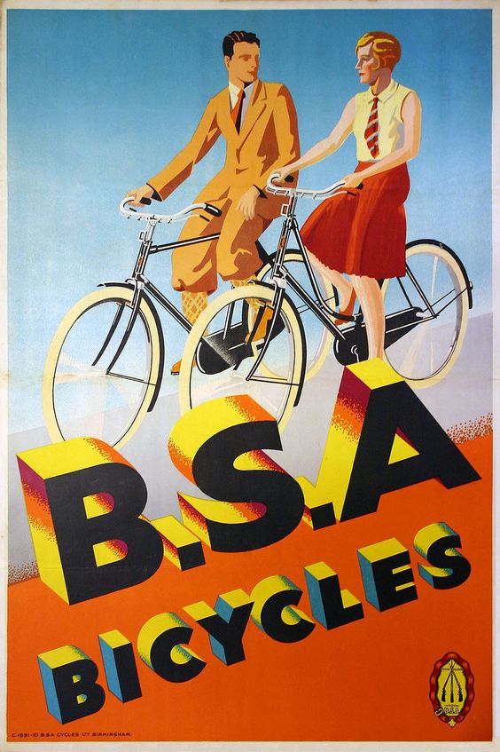 1920s Vintage Ad: 1920s BSA Bicycle Advert- Bicycles are being rode by a couple in 1920s outfits.