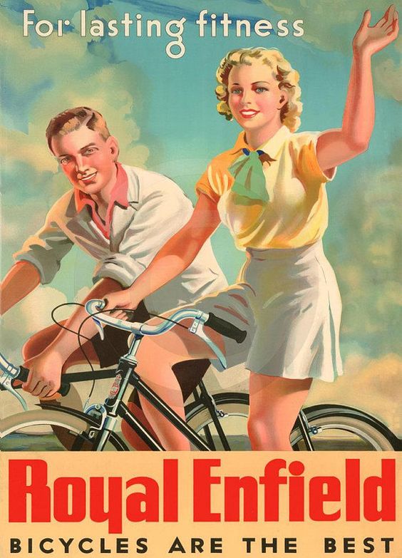 1930s Vintage Ad: Royal Enfield Bicycle, For Lasting Fitness,. Featuring a young woman and man in 1930s fashions. 