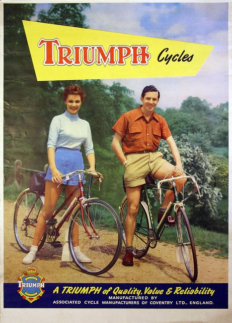 1950s Vintage Ad: Triumph Bicycle: "Value & Reliability". Featuring a man and woman on bicycles in 1950s Fashions. 
