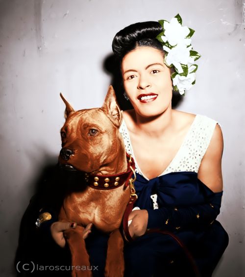 1940s vintage photo of billie holiday and her dog mister downbeat aka mister