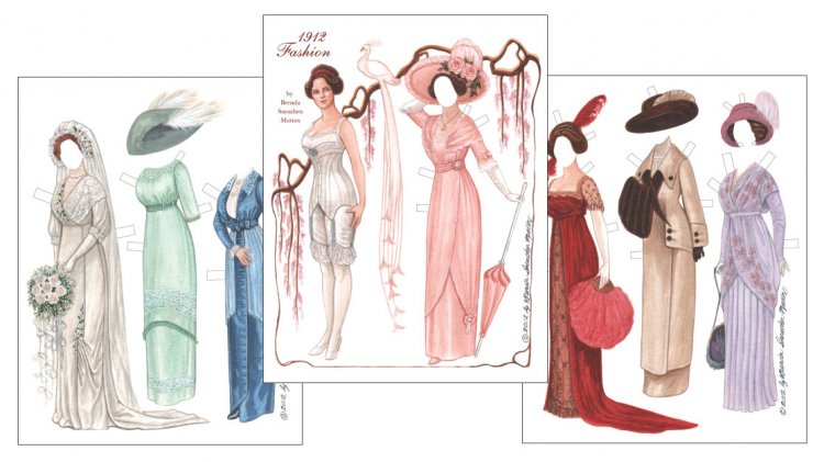 This lovely lady of 1912 models her elegant trousseau for a spring wedding. 1 doll and 7 authentic outfits including a beautiful wedding gown. 3-page collector's set by Brenda Sneathen Mattox.