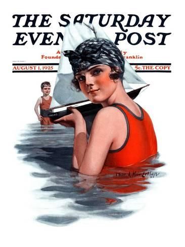 "Toy Sailboat," Saturday Evening Post Cover, August 1, 1925 by Charles A. MacLellan. 1920s vintage magazine cover. 