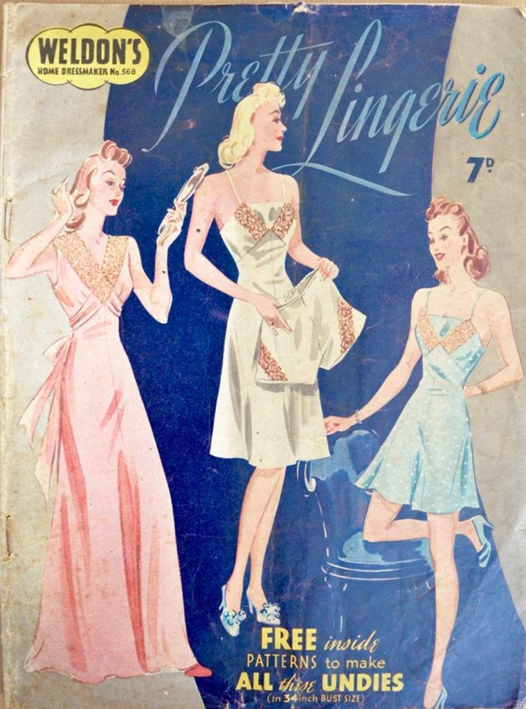 1940s Fashion: 1940s "Pretty Lingerie" sewing magazine with 3 factory-cut dress patterns fashion illustration 