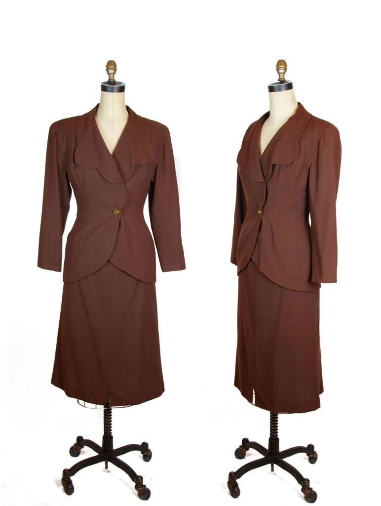 1940s Suit ~ Brown Wool Scallop Collar Tailored Suit Skirt Set -1940s Fashion