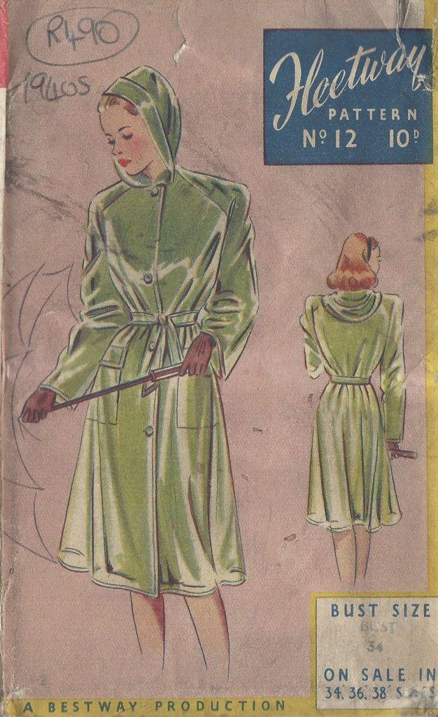 1940s Vintage Sewing Pattern for a women's raincoat with hood.