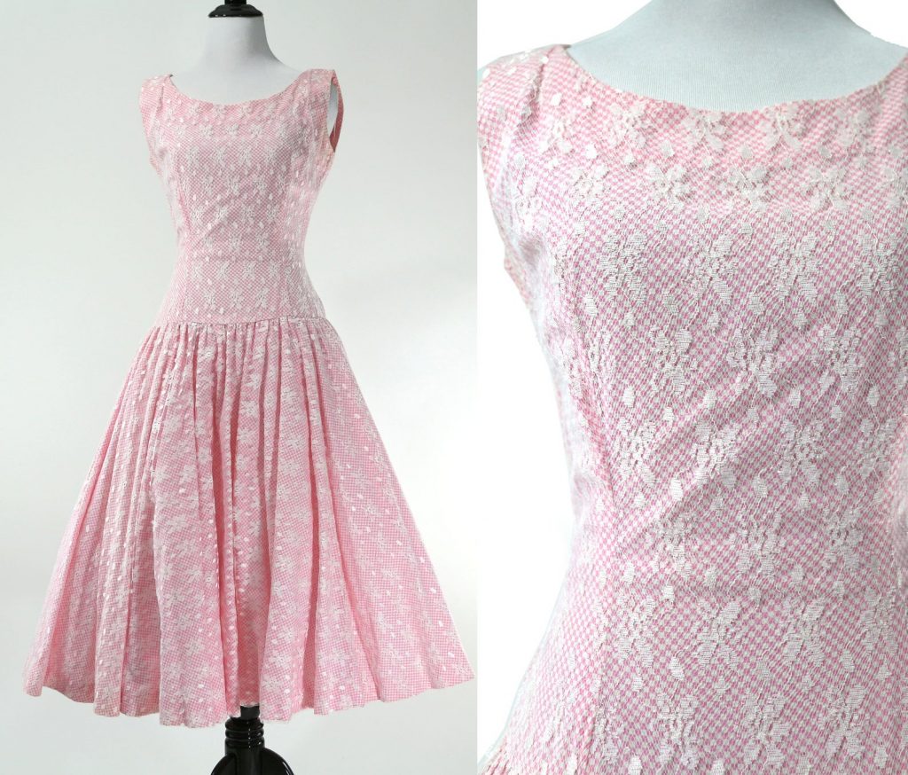 beautiful vintage 1950's dropped waist dress. The bottom layer is a pink/white micro check and the top layer is a white lace. Jonathan Logan 1950s Dress