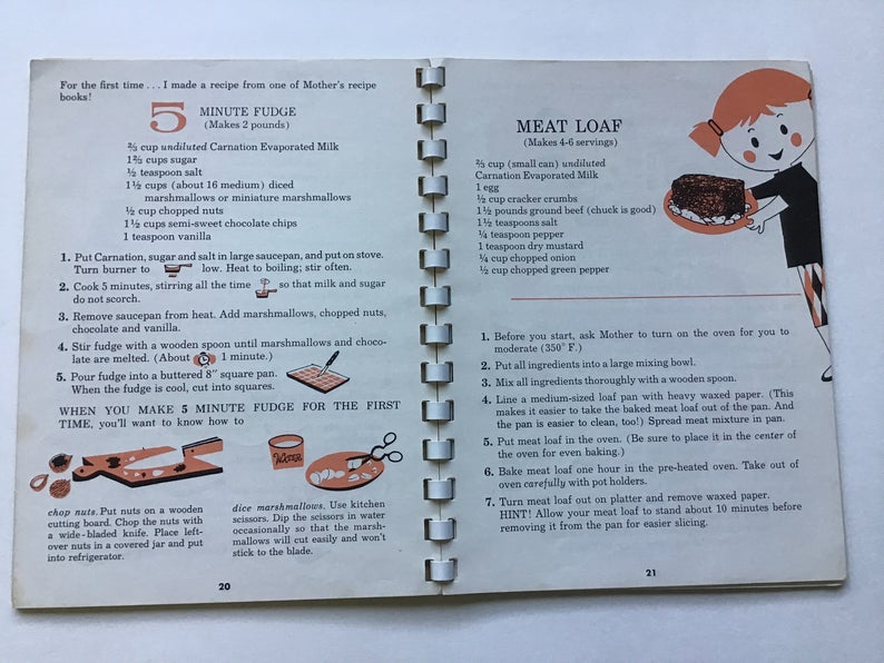 1950s vintage recipes for fudge and for meat loaf from a vintage cookbook