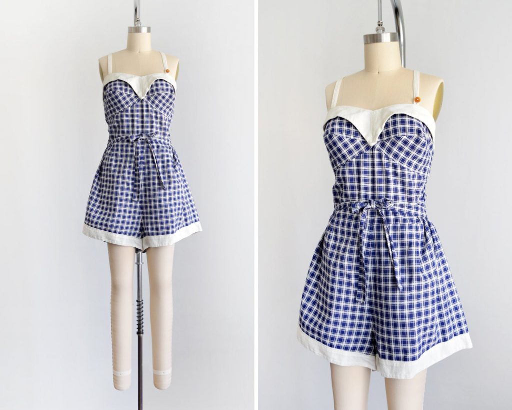 50s Plaid Swimsuit, Vintage 1950s Playsuit, Blue & White 60s Cotton Romper, large