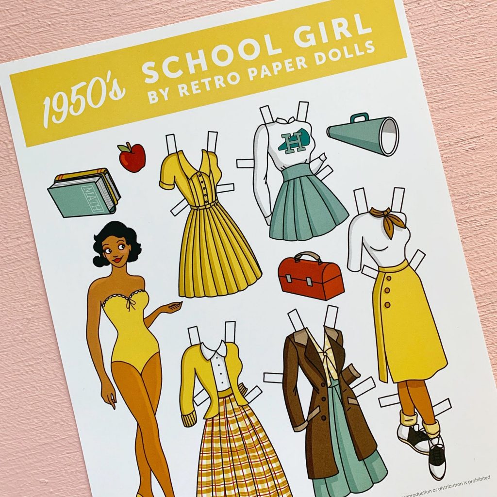 This Back To School Paper doll is a fun take on the vintage styles of the 1950s! Featuring a Black Girl as the paper doll