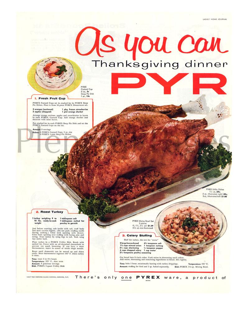 1950s Vintage Thanksgiving Cooking Recipes and Vintage Pyrex Ad. 